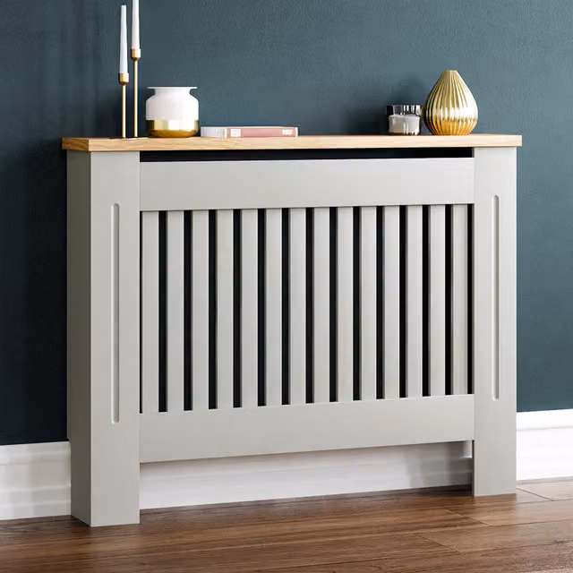 Vida Designs Arlington Radiator Cover in Olive Grey with Wood Top Shelf, H83 x W111 x D19 cm – 1