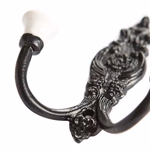 Hammer and Tongs Ornate Double White Ceramic and Iron Coat Hook - W: 10.0 cm, H: 11.5 cm - Black – 2