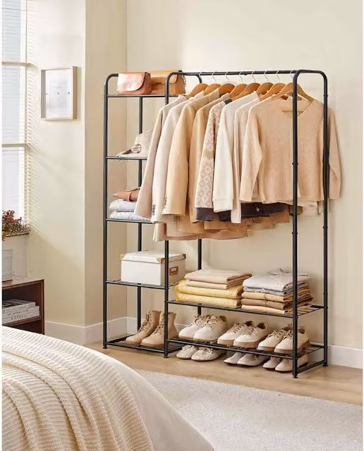 The Bazaarist Modern Freestanding Metal Open Wardrobe with Clothes Rail and Internal Shelves in Matt Black
