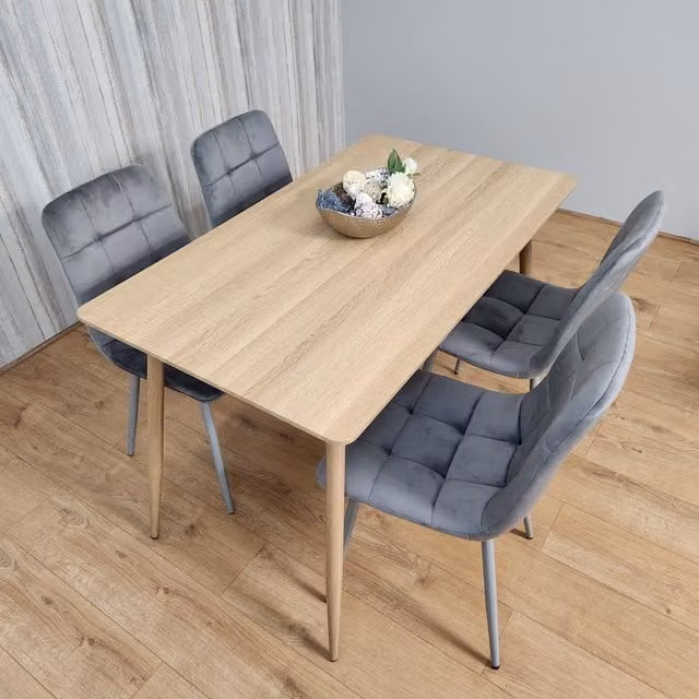 Kosy Koala Oak Effect Rectangular Dining Table and 4 Grey Velvet Tufted Chairs Set, W/D/H: 140 x 70 x 75 cm