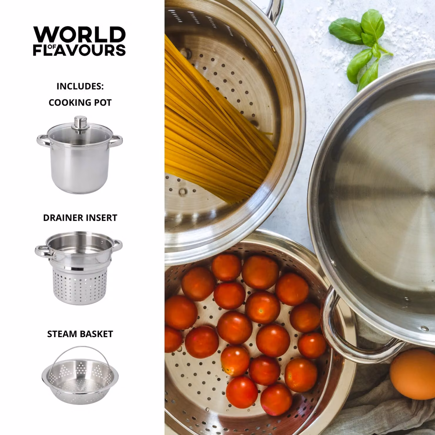 World of Flavours Italian Stainless Steel Pasta Pot with Steamer Insert in Silver – 11