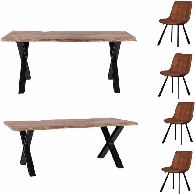 IH Design Live Edge Acacia Wood Dining Table Set with 4 Chairs and 1 Bench in Light Wood and Grey