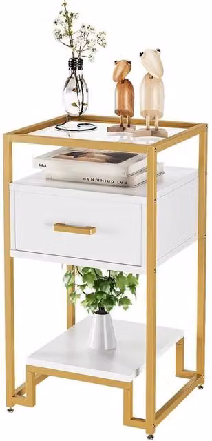 KORVIXA Gold and White Tempered Glass Top Side Table, W/D/H: 100 x 100 x 77.97 cm – 1