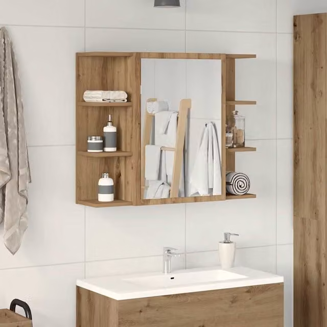 Berkfield Home Artisan Oak Bathroom Mirror Cabinet, Brown, W/D/H: 80 x 20.5 x 64 cm