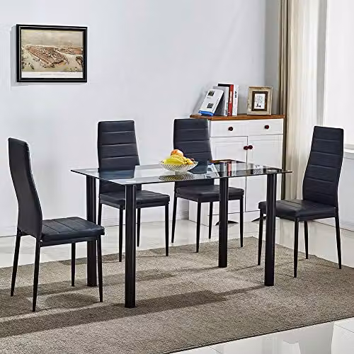KOSY KOALA Modern Rectangular Black Glass Dining Table and 4 Black Leather Chairs, W/D/H: 120 x 75 x 75 cm – 2