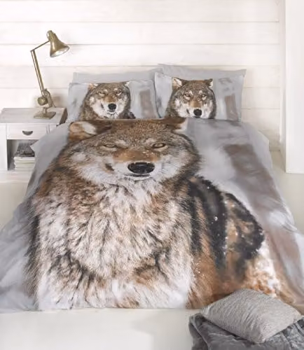 Rapport Home Wolf Polycotton Duvet Cover and Pillowcase Set, Grey and Multicolour, W/D/H: 180 x 200 cm and 50 x 75 cm