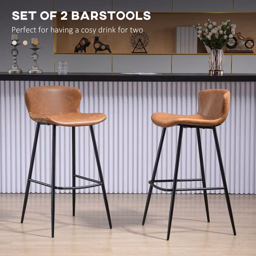 STILVORA Set of 2 Vintage Brown Faux Leather Bar Stools with Metal Frame – 3