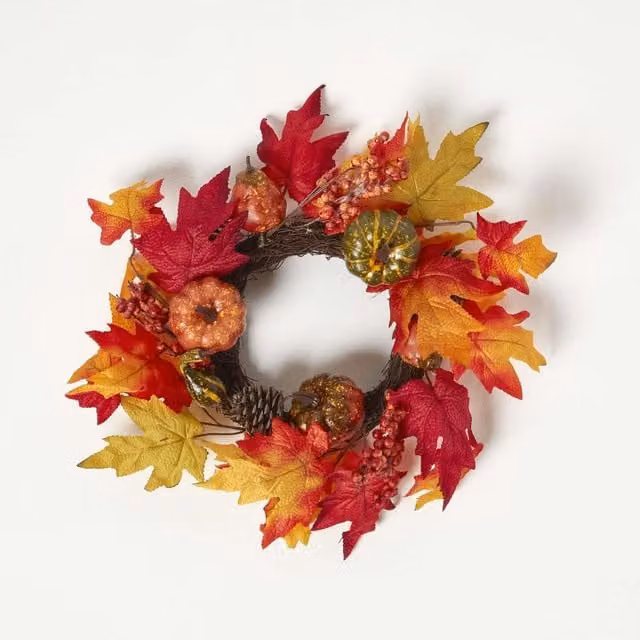 Homescapes Multicolour Autumn Wreath with Leaves and Pumpkins