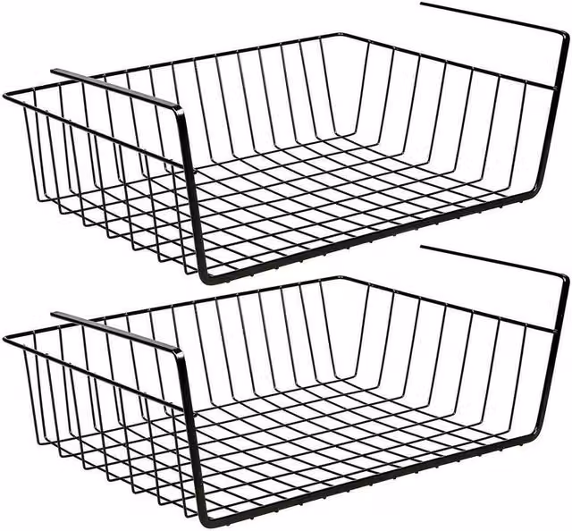 Kelvenix 2-Piece Large Under Shelf Metal Mesh Storage Basket Rack Set in Black, W/D/H: 39.5 x 25.5 x 13.5 cm