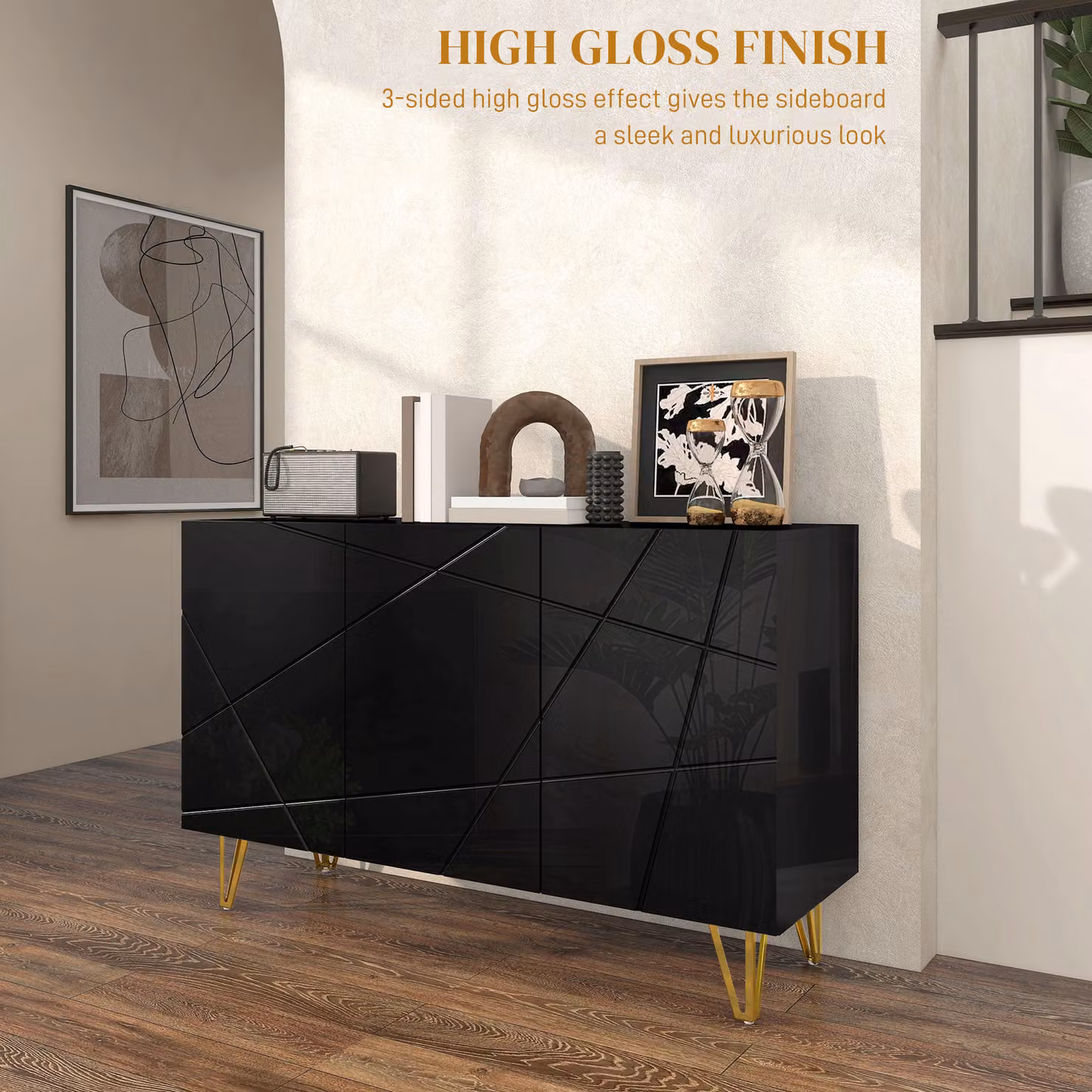 HOMCOM Modern Luxe High Gloss White Sideboard with Hairpin Legs – 4
