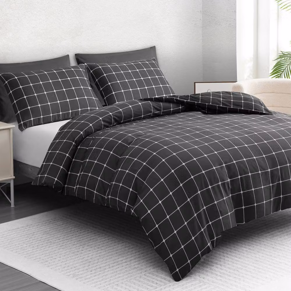 Pamposh Checked Microfibre Duvet Cover Set with Matching Pillowcases in Grey Anthracite, W: 180 cm, H: 200 cm – 2