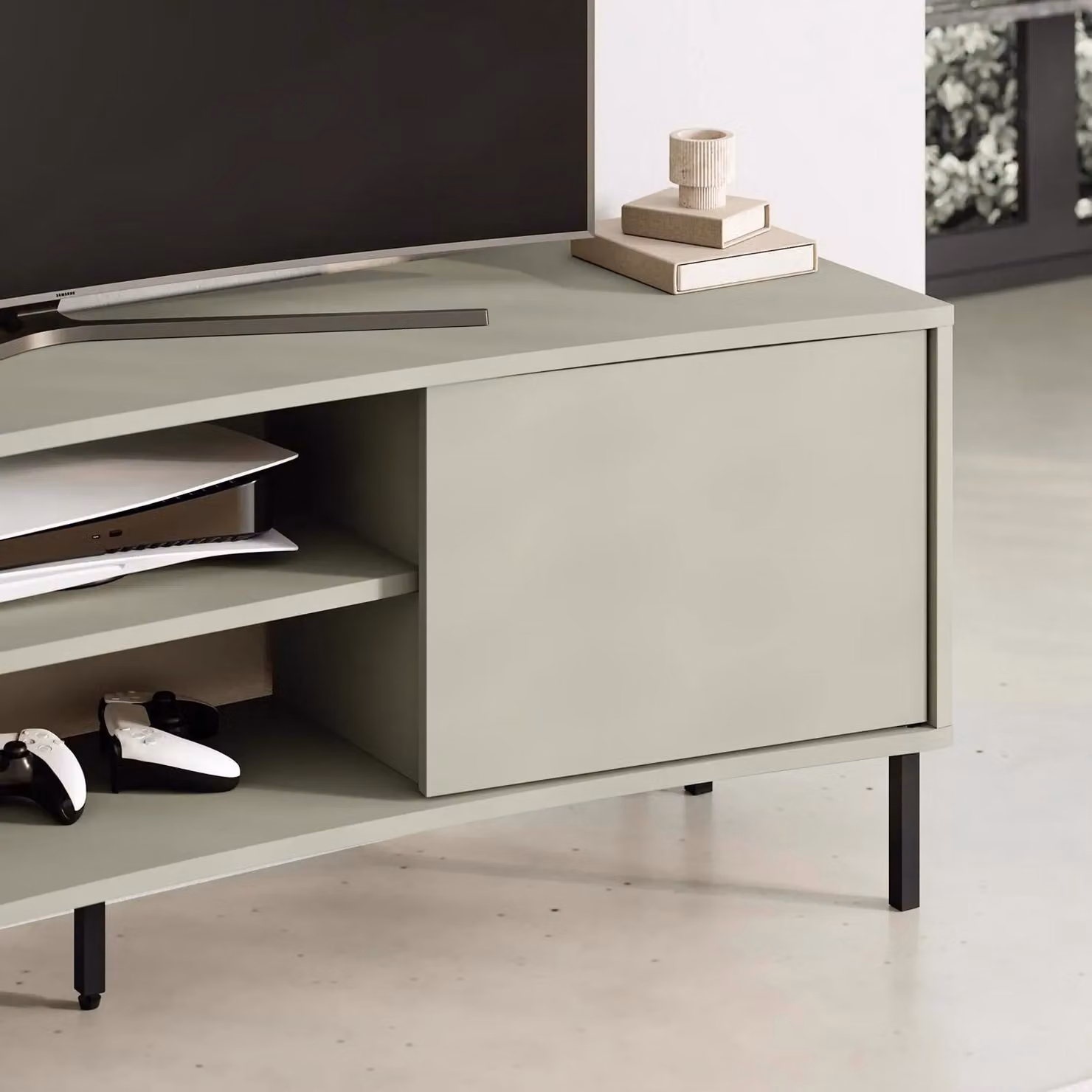 FWStyle Modern 2 Door Curved TV Unit Stand in Ash Green and Black – 2