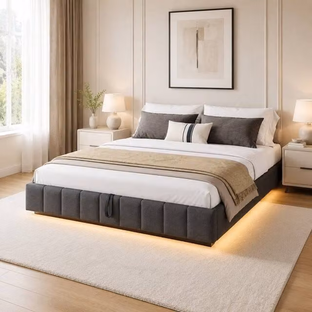 STILVORA Double Bed Frame with Storage and LED Lighting in Grey Linen, W/D/H: 140 x 200 cm – 1