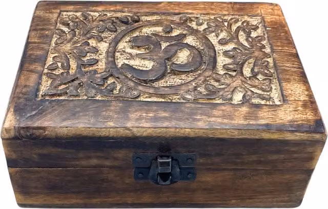 KDMD Medium Wooden Om Keepsake Box with Lid, Brown, W: 15 cm, D: 10 cm, H: 6 cm – 1