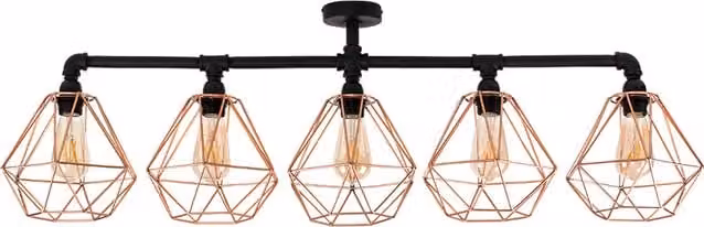 Luiggi 5 Way Black Ceiling Bar Light with Diablo Copper Painted Metal Wire Frame Shade