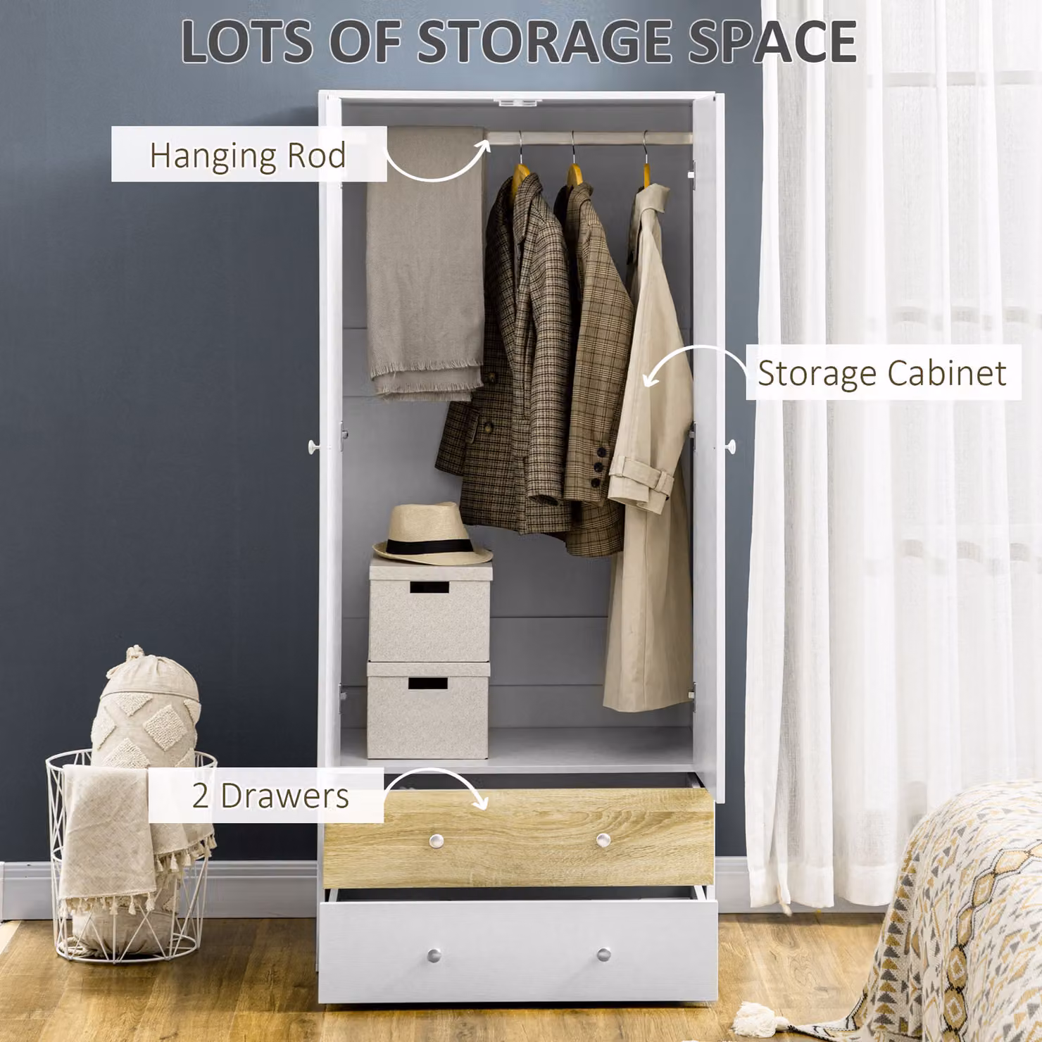 HOMCOM White Gloss 2 Door Wardrobe with 2 Drawers, H 180 x W 80 x D 50 cm – 2