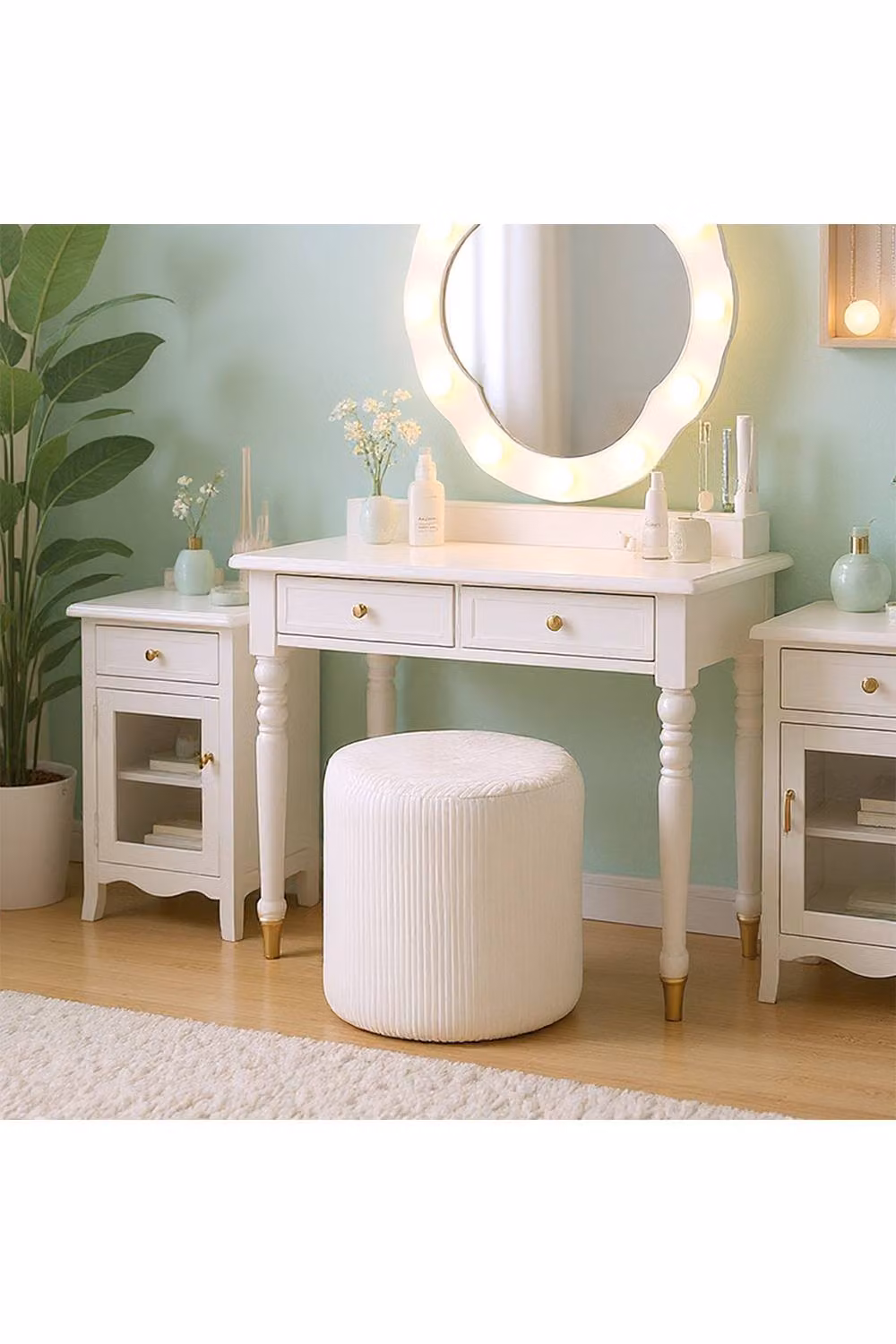 Living and Home Beige Corduroy Upholstered Cylindrical Footstool – 2