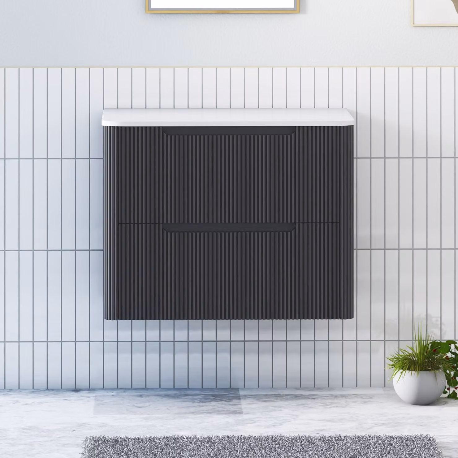 Royal Bathrooms Avenza Wall Hung Vanity Unit with 2 Drawers, Matt Obsidian Black and Plain White Worktop, Width: 60 cm