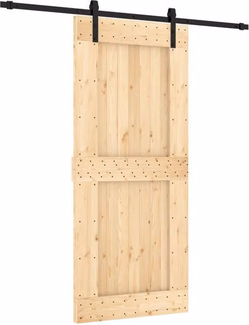 Berkfield Home Modern Sliding Door with Hardware Set, Solid Natural Wood and Steel, W: 90 cm, H: 210 cm
