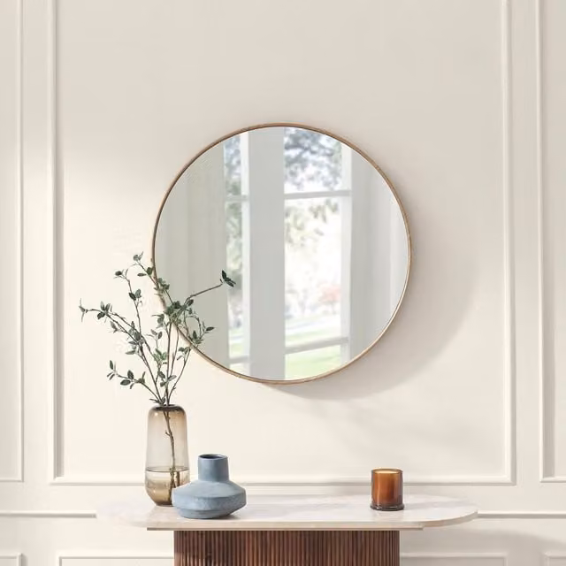 FurnitureboxUK Inga Scandinavian Round Wood Wall Mirror, Brown and Gold, Diameter: 80 cm