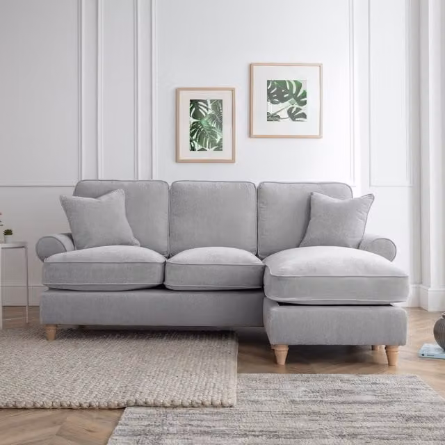 The Great Sofa Company Ezra Right Hand Velvet Chaise Sofa in Grey with Scroll Arm and Scatter Cushions – 1