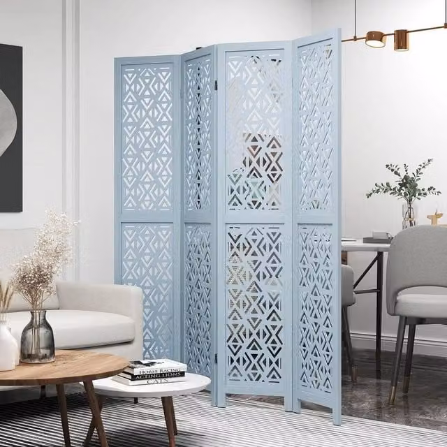 NESTLUNE 4 Panel Folding Room Divider Carved Privacy Screen in Blue, H 165 cm x W 100 cm x D 100 cm