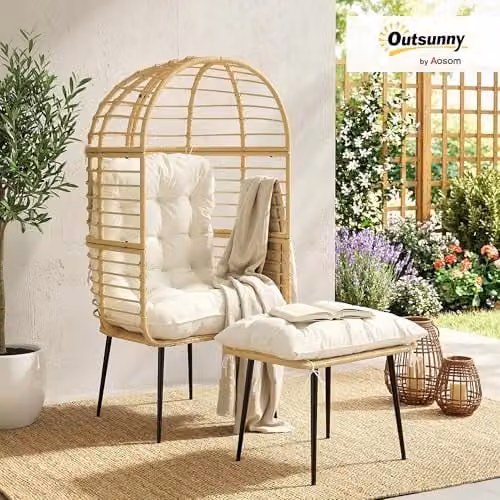 Outsunny Standing Egg Lounge Chair with Footstool and Cushions, Beige Polyrattan – 2