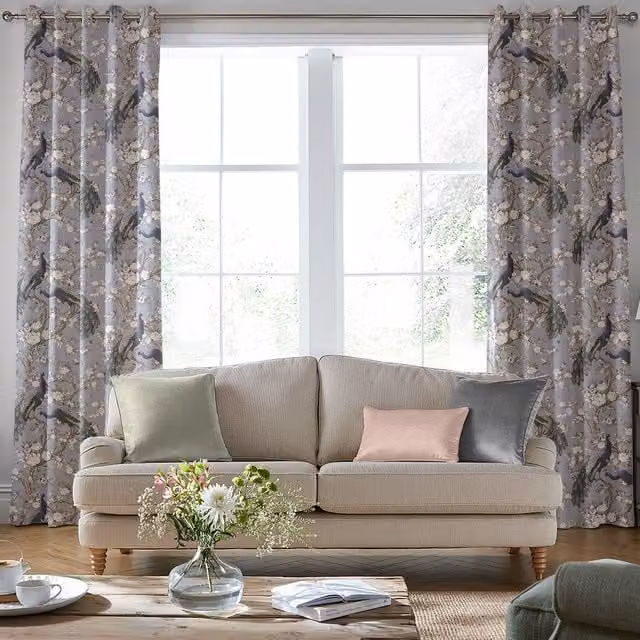 Laura Ashley Belvedere Made to Measure Velvet Floral Fabric Panel Curtain in Pale Iris Purple and Grey with Eyelets
