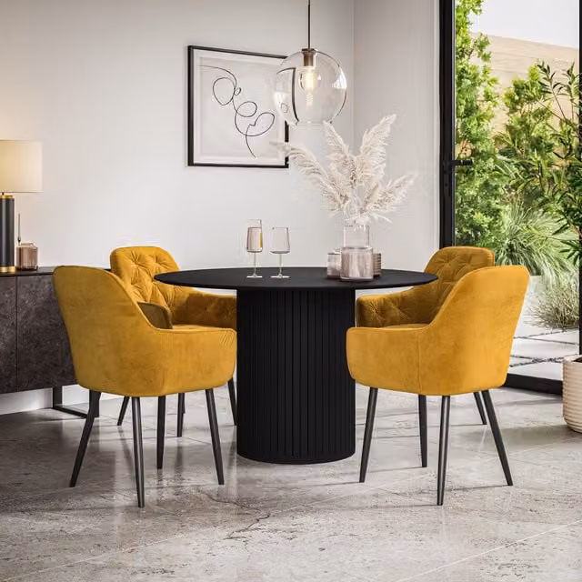 Arlo Round Dining Table and 4 Chair Set in Yellow and Black Velvet
