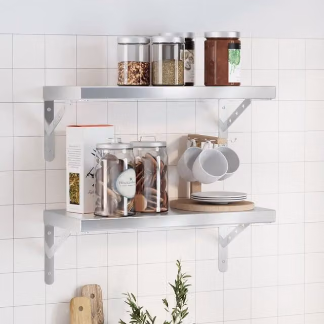 Berkfield Home Wall Mounted Shelves, 2 Pack, Silver Stainless Steel, W: 50 cm, D: 23.5 cm, H: 3 cm