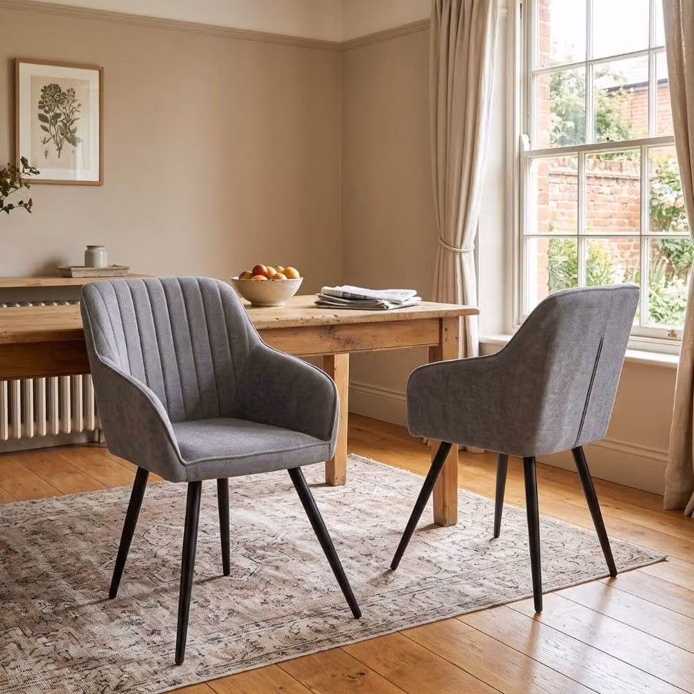 HOME LUXE INTERIOR Alba Grey Dining Chairs, 2 Pack with Quilted Fabric Back and Black Metal Legs – 2