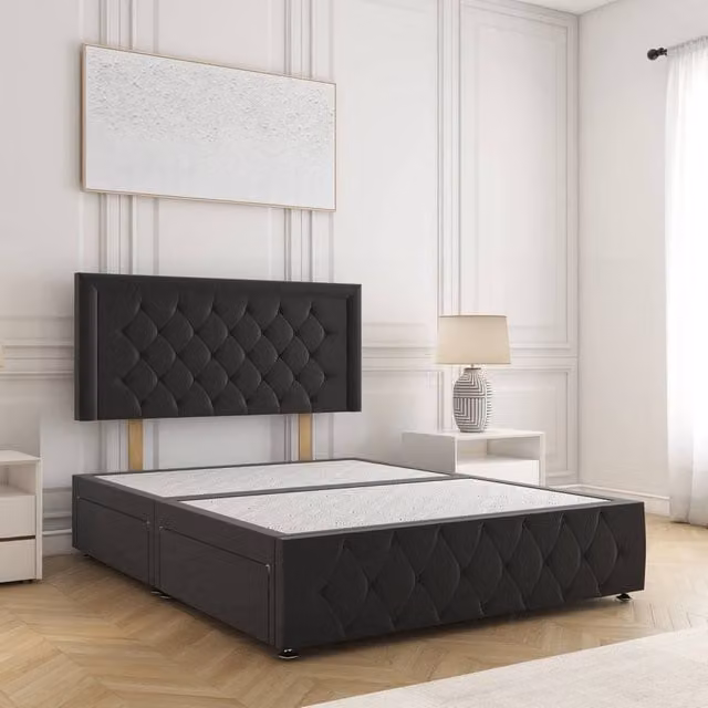BSSPOKE Lena Double Divan Bed with 24 inch Headboard and 2 Drawers in Black Plush Velvet, W/D/H: 140 x 200 x 30.48 cm