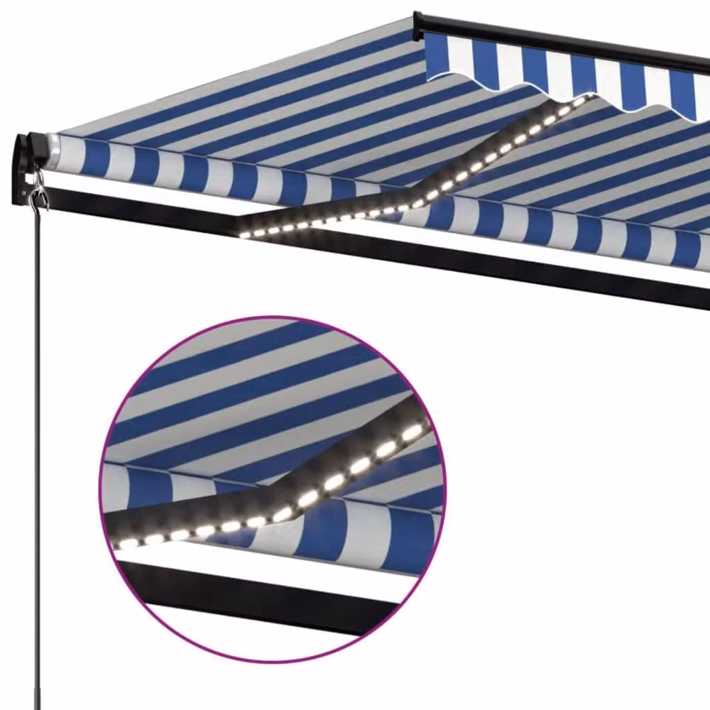 Berkfield Home Manual Retractable Folding Arm Awning with LED, Blue and White Striped, W: 600 cm, D: 300 cm – 3