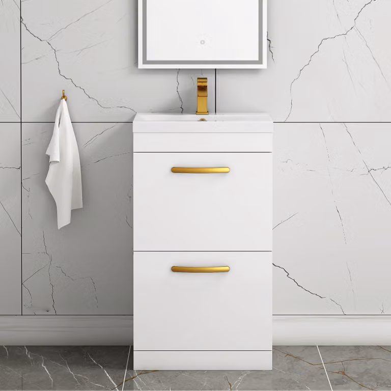 Royal Bathrooms Turin 500mm Floor Standing Gloss White 2 Drawer Mid-Edge Basin Vanity Unit with Brushed Brass Handle