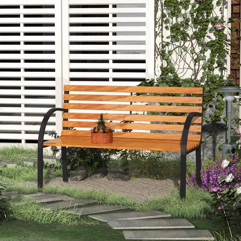 Wyld Haus Nifalo Modern Outdoor Garden Bench with Black Steel Frame and Brown Wood, Width: 122 cm – 3