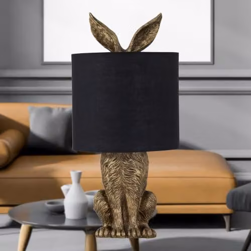 First Choice Lighting Babs Antique Gold Hare Table Lamp with Black Fabric Shade – 8
