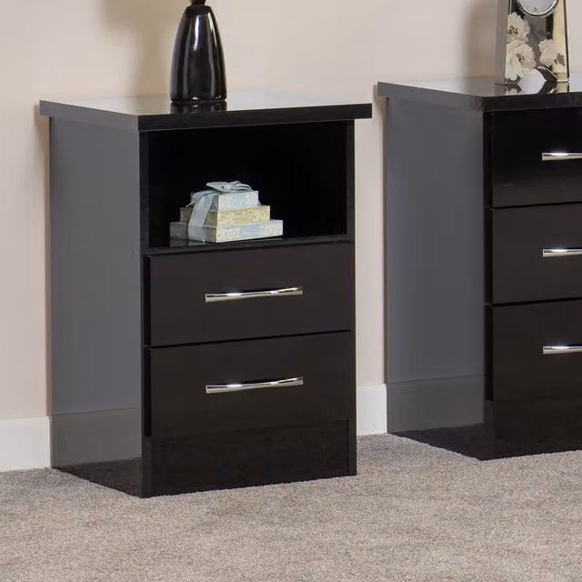 Seconique Nevada 2 Drawer Bedside Table in Black Gloss