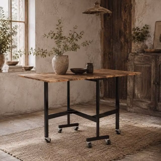 Wyld Haus Maro Rustic Brown Wood Effect Drop Leaf Dining Table with Castors, Seats 6