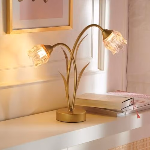 Eldo Touch-Control Flower Table Lamp in Gold, White or Pink with Glass Design, Battery-Powered