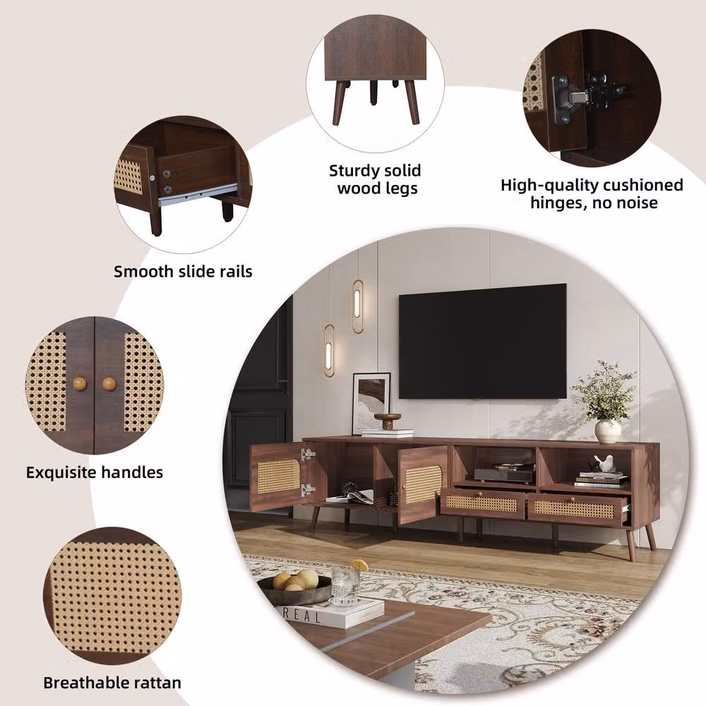 Merax Mid-Century Brown TV Unit with Rattan Details and Drawers for up to 200 cm TVs – 3