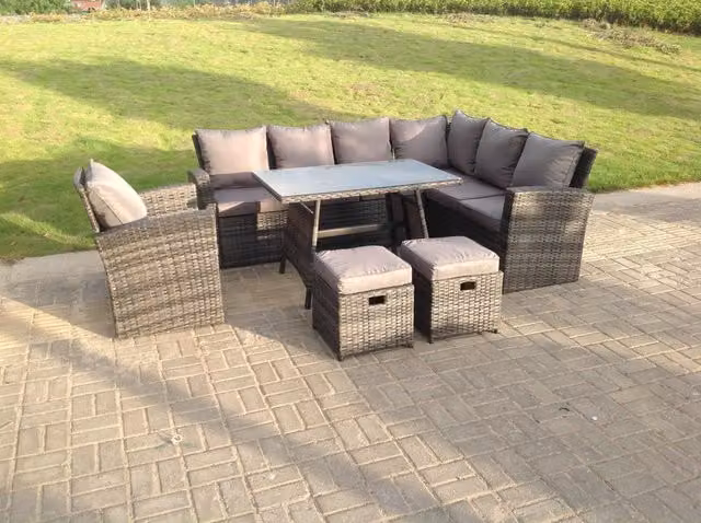 Fimous 9 Seater High Back Rattan Corner Sofa Set with Rectangular Dining Table in Dark Mixed Grey