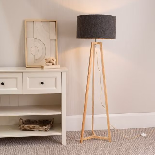 ValueLights Lottie Natural Wood Floor Lamp with Boucle Shade and LED Bulb in Charcoal Grey