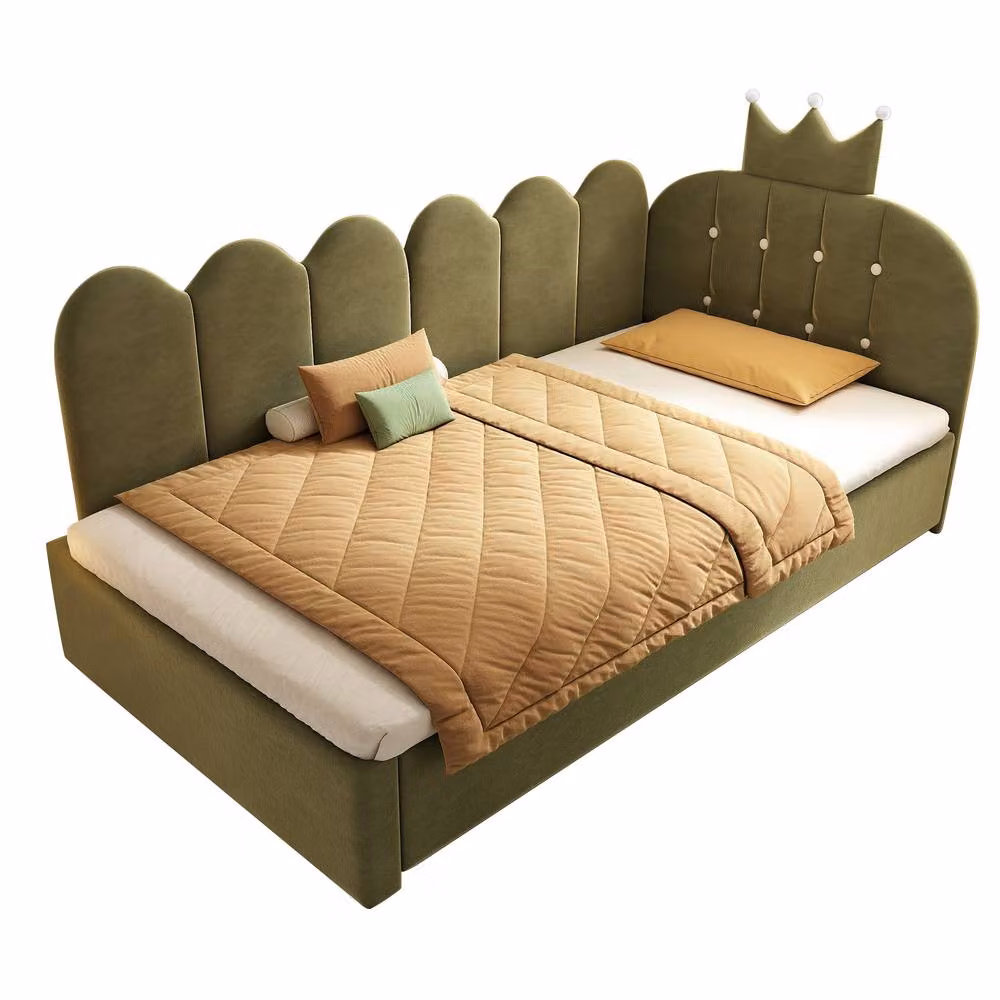 STILVORA Single Day Bed with Pull-Out Trundle in Green Velvet, W/D/H: 90 x 190 cm – 4