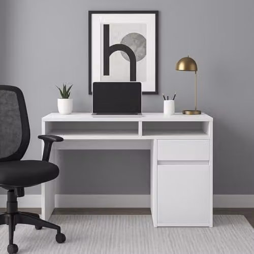 DECOROTIKA Isla Modern Computer Desk with Drawer and Cabinet, White, W: 100 cm, D: 55 cm, H: 74 cm – 1
