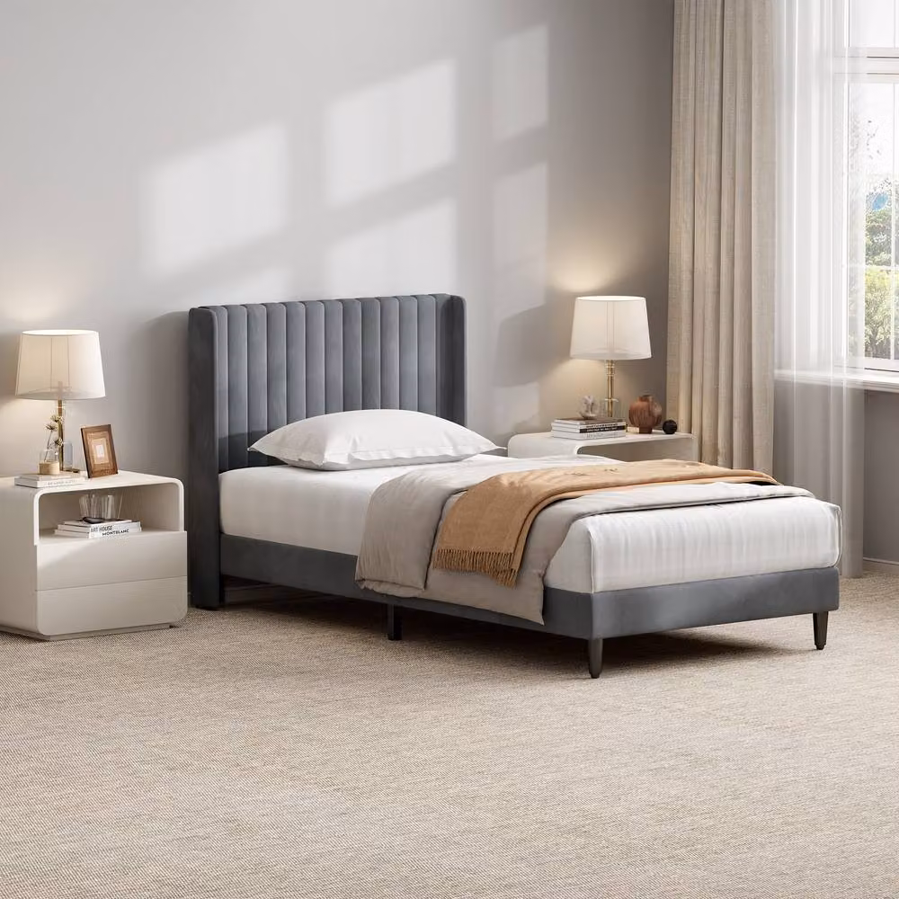 MCC Direct Charlie Velvet Upholstered Single Bed Frame with Channel Headboard in Dark Grey, W/D/H: 90 x 200 cm – 6