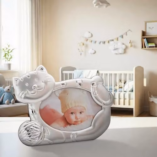Happy Homewares Silver Metal Oval Picture Frame with String Ball Decor, Holds 3 x 5 inch Photograph – 3