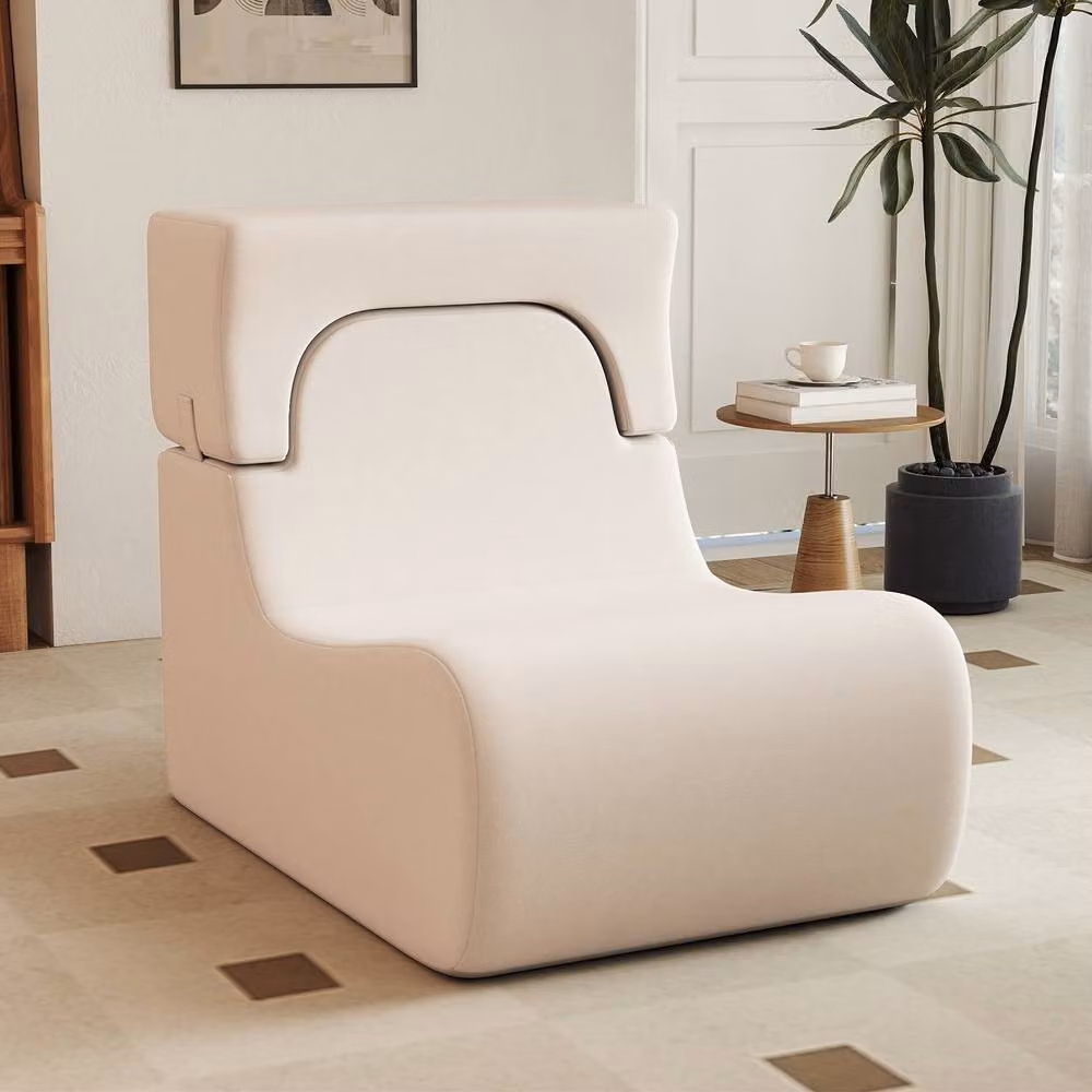 Costway Beige Velvet Soft Floor Chair with Detachable Headrest and Foam Padding – 3