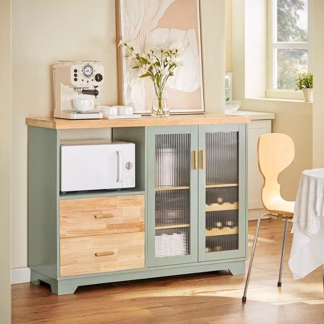 SoBuy Modern Kitchen Sideboard with Glass Doors and Wine Rack in Matt Green – 1