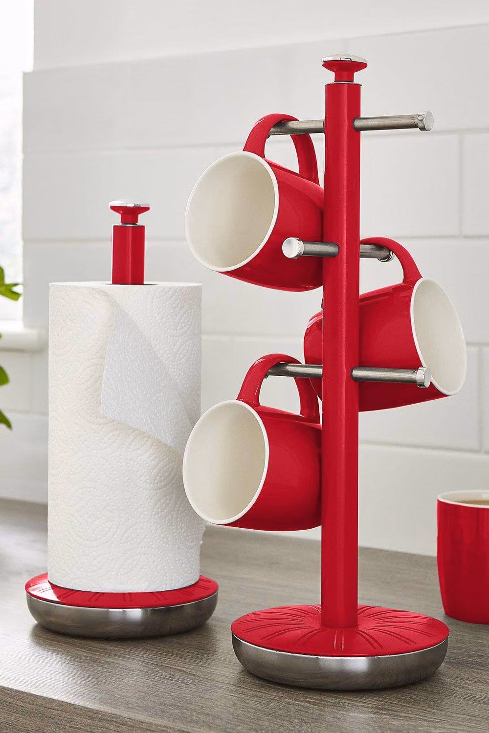 Swan Retro Freestanding Kitchen Towel Pole and 6 Branch Mug Tree in Red – 2