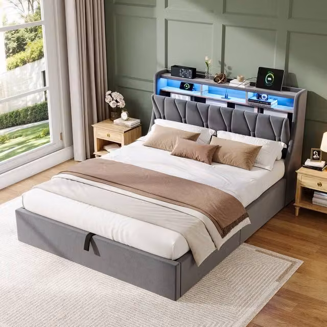 Merax Grey Velvet Double Ottoman Bed with LED Lighting and USB Charging Headboard, H 106.5 x W 142.5 x D 218 cm – 1